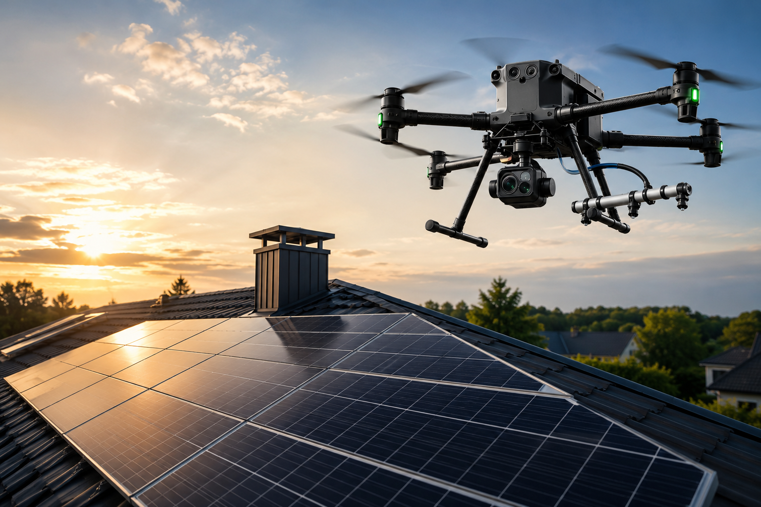 DJI Matrice 400 die zonnepanelen reinigt bij zonsopgang